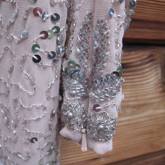 NWOT Mac Duggal Sequin Embellished Nude Silver Faux Wrap Dress FLAW - Picture 10 of 12